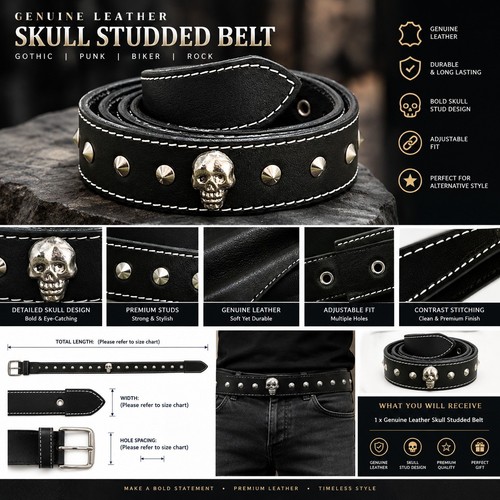 Genuine leather skull studded - genuine,